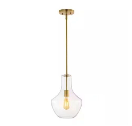 JONATHAN Y Watts 10.5 in. 1-Light Brass Gold/Clear Mid-Century Modern Iron/Glass LED Schoolhouse Pendant - Lot 525