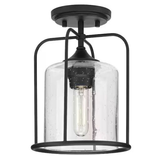  Progress Lighting Watch Hill 1-Light Textured Black Clear Seeded Glass Farmhouse Semi-Flush Light  - Lot 735