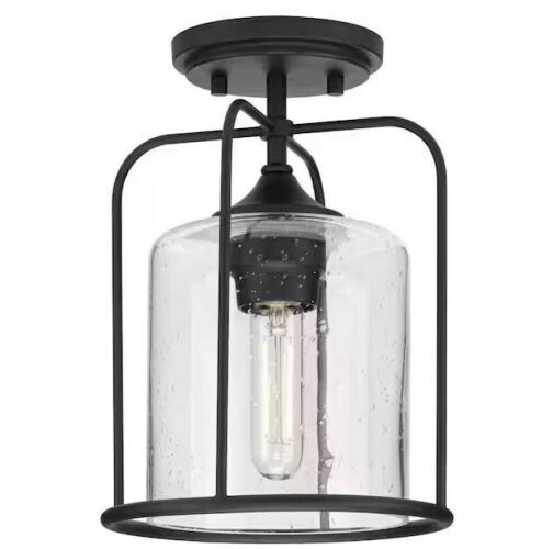  Progress Lighting Watch Hill 1-Light Textured Black Clear Seeded Glass Farmhouse Semi-Flush Light  - Lot 736