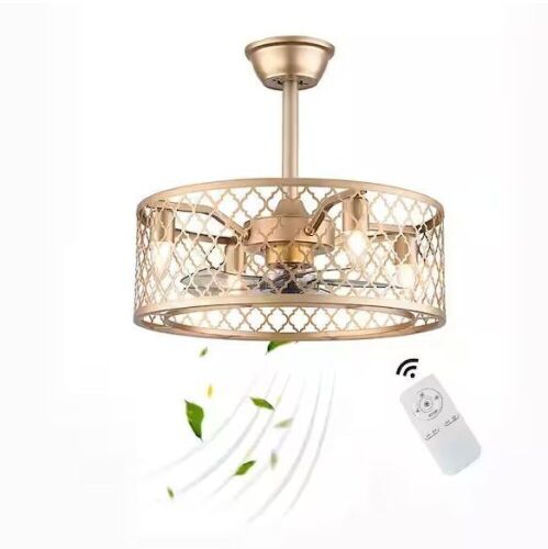 20 in. Gold Indoor Metal Caged Semi Flush Mount Ceiling Fan with Light Kit and Remote Control - Lot 836