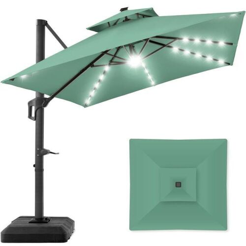 2-Tier Square LED Cantilever Offset Umbrella w/ 360 Rotation, Base - 10x10ft - Lot 17