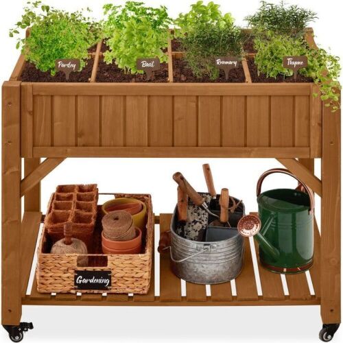 Elevated Mobile Pocket Herb Garden Bed w/ Lockable Wheels, Storage Shelf - Lot 575