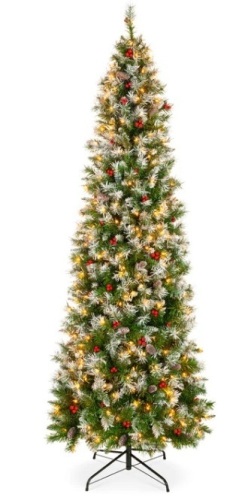 6' Pre-Lit Partially Flocked Spruce Pencil Tree w/ Berries, Pine Cones $199.99 - Lot 94