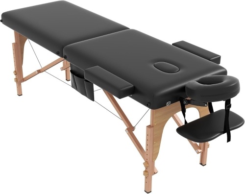 civama Massage Table Massage Bed Portable, 29 LBs Light Weight 2 Section Foldable Tattoo Bed Facial Care Spa Lash Bed Height Adjustable Sturdy Wooden Frame with Accessories Carrying Bag, Black - Lot 3347