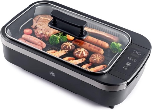 X&E Smokeless Indoor Grill, Enough for five people， 1500 Watt Non-Stick Removable Electric Grill Rack and Grill Pan, Temperature Adjustable up to 450°F, Fast Heat Up, Rapid Dishwasher Rinse - Lot 3375