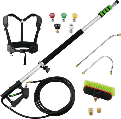 24 FT Pressure Washer Telescoping Wand with Pressure Washer Extension Wand, Gutter Cleaner tool, 5 Spray Nozzle Tips, 2 Hose Adapters, Support Belt and Bursh Head - Lot 3376