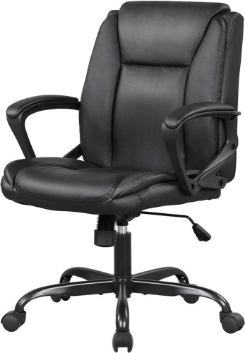 PayLessHere PU Leather Task Chair Home Office Chair Ergonomic Desk Chair with Lumbar Support and Armrests Adjustable Features with Mid Back Swivel Executive Computer Chair (Black) - Lot 3390