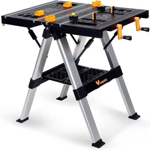 Portable Workbench & Sawhorse, 440Lbs/1000Lbs Capacity Heavy Duty Folding Work Table, 21.5"-32.5" Adjustable Height with Clamping System, 2 x 4 Support Arms, Tool Tray for Garage - Lot 3392
