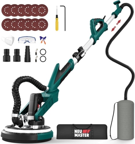 NEU MASTER Drywall Sander, Electric Drywall Sander Variable Speed Pole Sander with Vacuum, 900-1800RPM Foldable Ceiling Sander with 12 Sanding Discs, LED Light, Extendable Handle, Dust Bag and Hose - Lot 3396