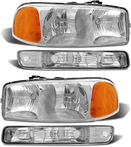 ADCARLIGHTS Compatible with 1999-2006 Sierra Headlight Assembly for 99-06 GMC Sierra 1500 2500 3500/00-06 GMC Yukon Clear Lens Chrome Housing with Amber Reflector Headlamp Replacement Left and Right - Lot 3449