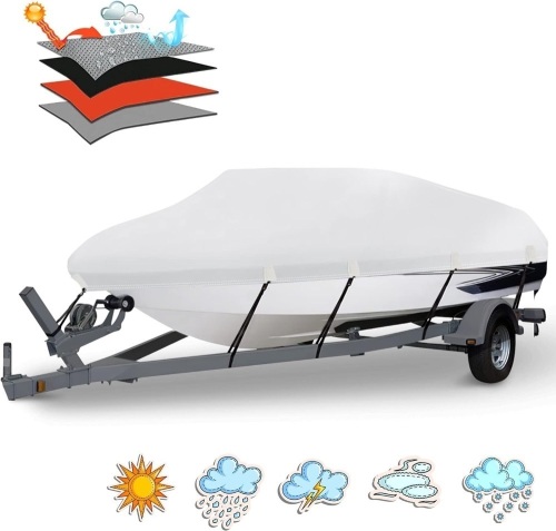 Heavy Duty 1200D PU Waterproof Boat Cover, 17'- 19' Trailerable Marine Grade Polyester Canvas, Fits 17-19ft V-Hull, Tri-Hull, Fishing Boat, Runabout, Pro-Style Bass Boat with Tightening Strap - Lot 3451
