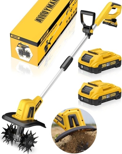 Alloyman 20V Cordless Tiller Cultivator,360RPM Electric Garden Tiller, with 2 * 2.0Ah Batteries & Charger,9In Tilling Width, 6.6In Depth Garden Rototiller for Lawn/Gardening/Soil Cultivation - Lot 3470