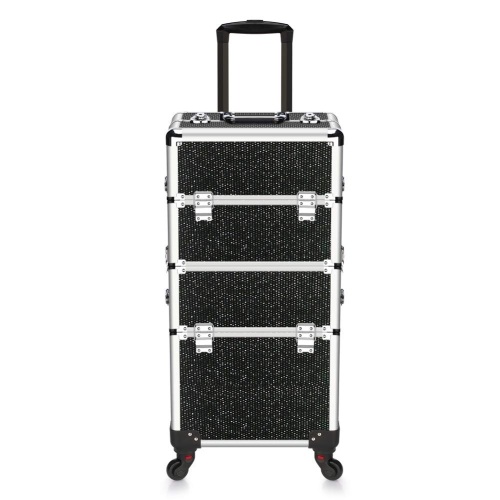 OUDMAY Makeup Case - 2 In 1 Aluminum Professional Rolling Cosmetics Storage Organizer With Locks and Folding Trays Black Diamond - Lot 3492