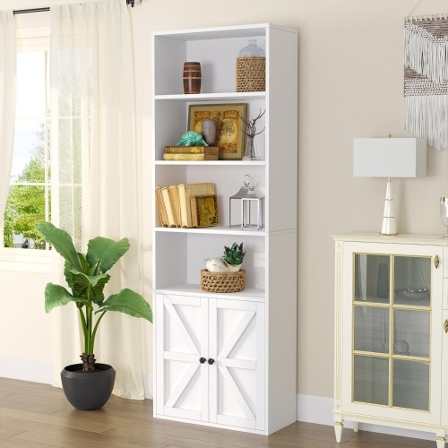 oneinmil 6 Tier Bookshelf and Bookcase, Wooden Bookshelves with Cabinet Doors, Floor Bookshelves and Office Storage Cabinets for Home Office, Living Room (White, 1 Pack) - Lot 3525
