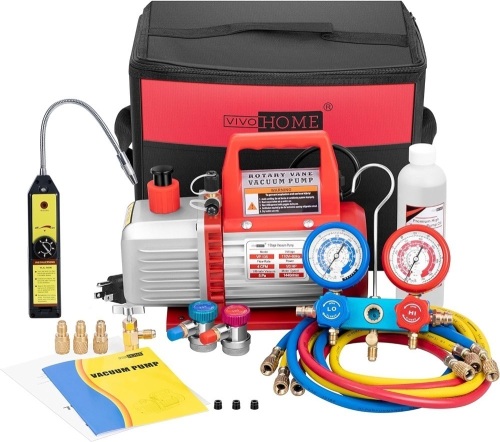 VIVOHOME 110V 1/3 HP 4CFM Single Stage Rotary Vane Air Vacuum Pump and AC Manifold Gauge Set Kit with Leak Detector for R134a R12 R22 R502 R410a HVAC Air Conditioning Refrigeration Recharging, Red - Lot 3531