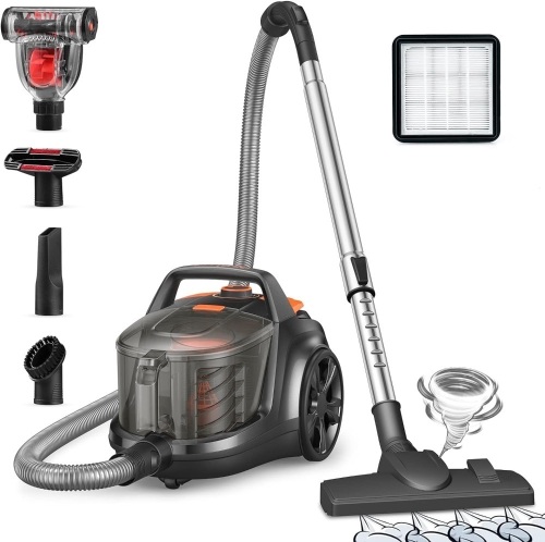 Aspiron Canister Vacuum Cleaner, Lightweight Bagless Vacuum Cleaner, 3.7QT Large Dust Cup, Automatic Cord Rewind, 5 Tools, HEPA Filter, Variable Speed Portable Vacuum for Hard Floors, Pet, Car, Black - Lot 3536
