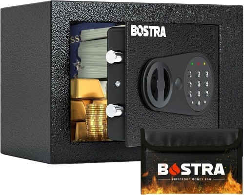 Bostra Fireproof Safe Box with Sensor Light & Fireproof Bag, Money Safe Box with Digital Keypad,Security Safe Box for Home, 0.23 Cubic Small Safe with Keys & Pass Code for Cash Jewelry Black - Lot 3552
