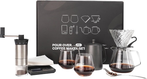 SuperCook Hand Drip Pour Over Coffee Set, All in One Includes Gooseneck Kettle, V60 Glass Dripper, Paper Filter, Coffee Cups, Manual Grinder, Coffee Scale, Ideal for Anniversary Birthday Gift - Lot 3556