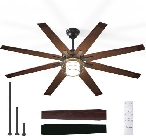 Amico Ceiling Fans with Lights, 66'' Indoor/Outdoor Black Ceiling Fan with Remote Control, Reversible DC Motor, 8 Blades, 3CCT, Dimmable, Noiseless, Vintage Ceiling Fan for Bedroom, Farmhouse - Lot 3559