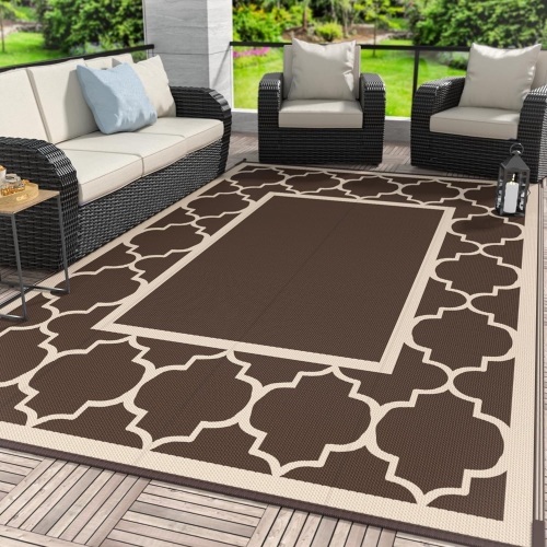 GENIMO 9' x 12' Outdoor Rug Waterproof for Patio Decor, Foldable Reversible Plastic Straw Area Rugs Mat for Camper, Outside Carpet for Rv, Deck, Porch, Picnic, Beach, Balcony, Coffee & Beige - Lot 3563