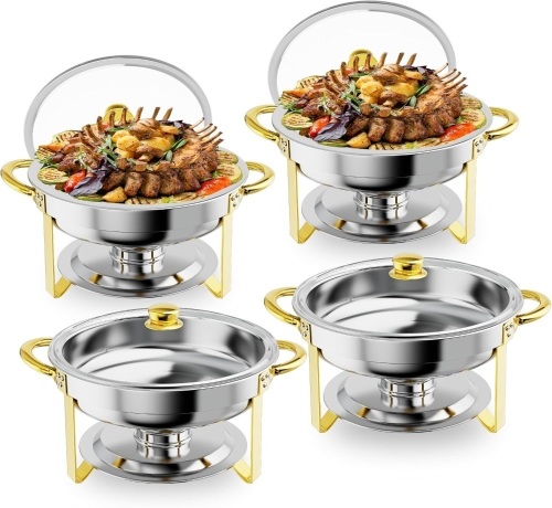Chafing Dish Buffet Set 5QT, 4 Pack Round Chafing Dishes for Buffet, Chafers and Buffet Warmers Sets, Stainless Steel Chafer for Catering Food Warmers for Parties, Wedding Banquet Event - Lot 3566