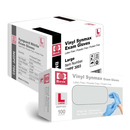Basic Medical Synmax Vinyl Exam Gloves - Latex-Free & Powder-Free Disposable Glove Medium 1000pcs - Lot 3571