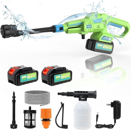 Cordless Pressure Washer, 970PSI Brushless Portable Pressure Washer,3 Adjustable Levels with 6-in-1 Nozzle, 2×4.0Ah Battery Operated Pressure Washer for Car, Bike, Boat, Fence Cleaning, Green - Lot 3579