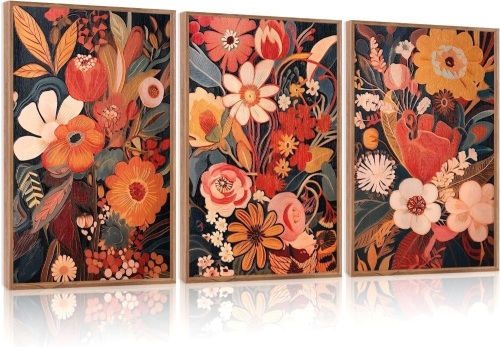 3PCS Abstract Botanical Painting Textured Canvas Wall Art Set(16"x24"), Vintage Modern Floral Plant Wall Decor, Mid Century Modern Blossom Flower Art Print for Home Living Room Bedroom Office - Lot 3582