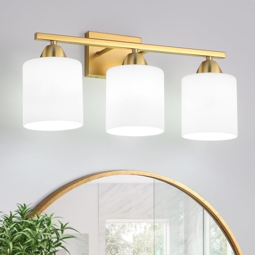 3-Light Bathroom Vanity Light, Rustproof Bathroom Light Fixture Over Mirror, Brushed Gold Vanity Light with Milky White Glass Shades, Modern Vanity Lighting Wall Mount(Bulbs Not Included) - Lot 3585