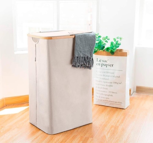 Lonbet - Laundry Hamper with Lid Cover - Sturdy Tall Bamboo Laundry Basket Clothes Organizer - Aesthetic Bedroom Fabric Bin - Big Bathroom Dirty Clothes Hamper - Removable Bag - XL 100 Liters - Beige - Lot 3587
