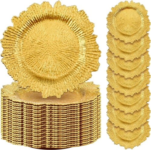 0 Pcs 13 Inch Charger Plates Bulk Plastic Plate Chargers with Floral Reef Design Round Ruffled Rim Dinner Charger Plates for Dinner Wedding Party Event Table Setting Decoration(Gold - Lot 3589
