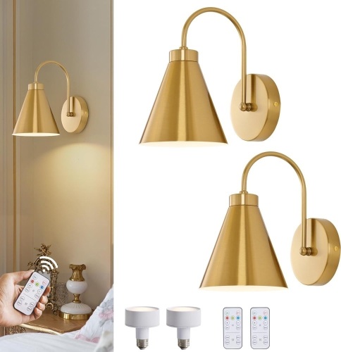 Vintage Cordless Gooseneck Battery Operated Wall Sconces Set of 2, Gold Bedside Battery Powered Wall Decor Lamps with Remote Control, Wireless Indoor LED Lights Fixture for Bedroom Hallway - Lot 3591