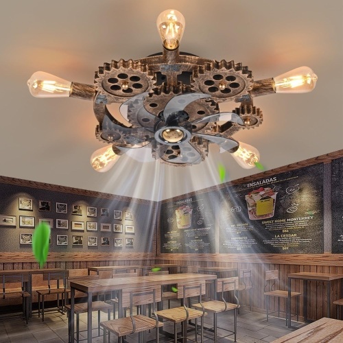 20" Retro Industrial Steampunk Ceiling Fans with Lights and Remote,Low Profile Flush Mount Bladeless Ceiling Fan with Light,Nautical Style 6 Speeds for Bedroom Kitchen Island Bar Cafe - Lot 3614