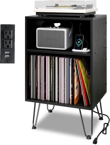 TC-HOMENY Record Player Stand with Charging Station & USB Ports, Turntable Stand Holds Up to 160 Albums - Lot 3620