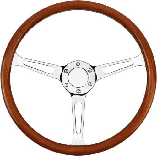 MOTAFAR 15" 6 Bolts Wood Grain Racing Steering Wheel Classic Grant Nostalgia Style with Horn Button Vintage(Mirrored-silver) - Lot 3643