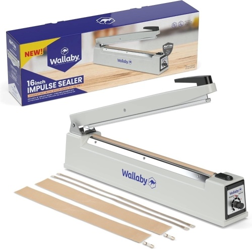 Wallaby Impulse Sealer - 16 inch - Manual Heat Sealer Machine for Mylar Bags - Heavy Duty for Strong, Secure Sealing for Long Term Food Storage - Two Fuse & Strip Replacement Kits Included (White) - Lot 3519