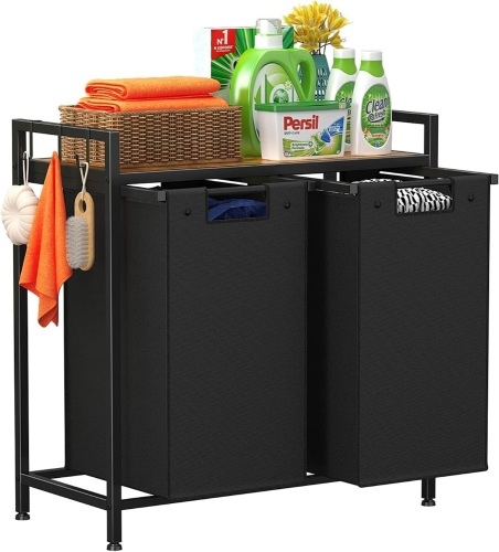 Helsin Double Laundry Hamper, Large Portable Laundry Basket, Laundry Sorter with Top Shelf and 2 Bag with Handle for Folding Clothes, Save Space, Black - Lot 3667