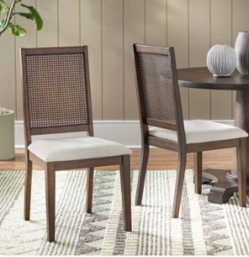 Set of 2 Westbury Cane Style Back Dining Chairs Walnut/Cream - Buylateral: Rubberwood Frame, Linen Upholstery $239.99 - Lot 65