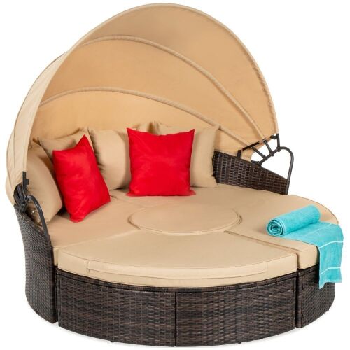5-Piece 2-in-1 Wicker Daybed Sectional w/ Adjustable Seats, Canopy, Cover - Lot 33