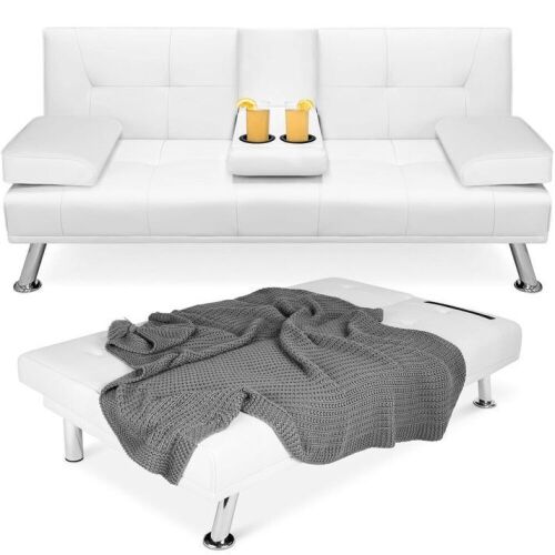 Faux Leather Upholstered Convertible Sofa Bed Futon w/ 2 Cupholders - Lot 96