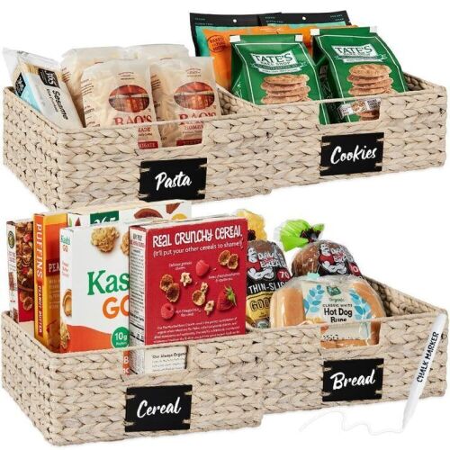 Set of 4 Water Hyacinth Pantry Baskets w/ Chalkboard, Marker - 13in - Lot 110