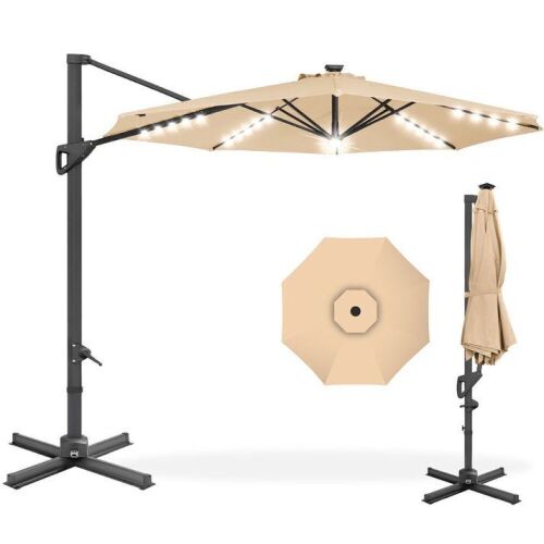 360-Degree Solar LED Cantilever Offset Patio Umbrella w/ Tilt - 10ft - Lot 112