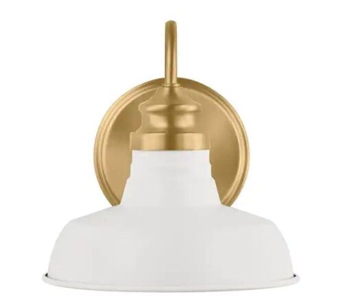 Hampton Bay Elmcroft 7.63 in. 1-Light Brushed Gold Farmhouse Wall Sconce with Designer White Metal Shade - Lot 210