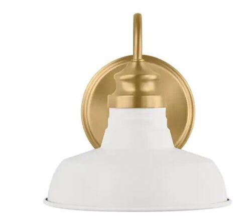 Hampton Bay Elmcroft 7.63 in. 1-Light Brushed Gold Farmhouse Wall Sconce with Designer White Metal Shade - Lot 214