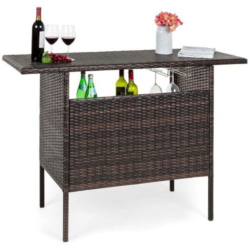 Outdoor Wicker Bar Counter Table w/ 2 Steel Shelves, 2 Rails - Lot 231