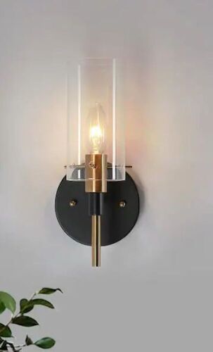 Lot of (3) Modern 1-Light Brass Gold Wall Sconce, Black Vanity Light with Open Cylinder Clear Glass Shade - Lot 246