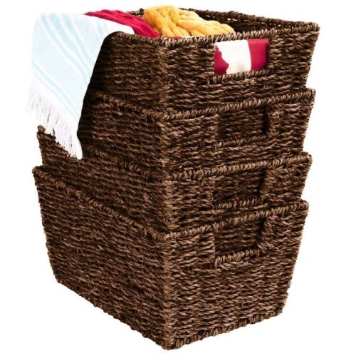 Set of 4 Seagrass Storage Tote Baskets, Laundry Organizer w/ Insert Handles - Lot 255