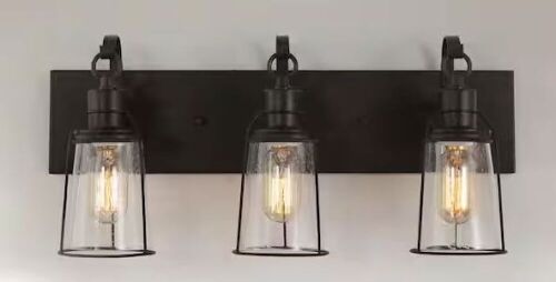 22 in. 3-Light Rustic Oil-Rubbed Bronze Vanity Light with Seeded Glass Shades, 2 Pack  - Lot 317