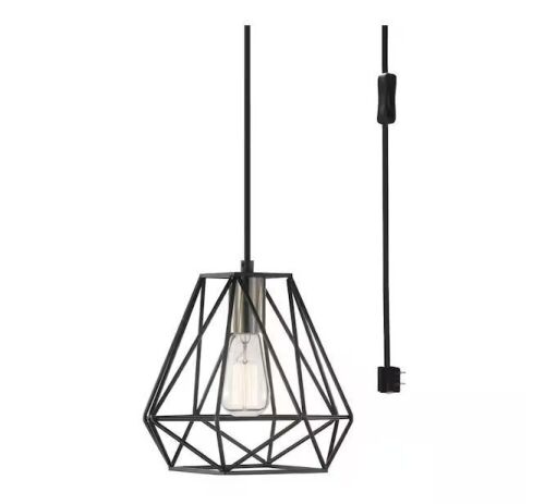 Hampton Bay Brielle 60-Watt 1-Light Matte Black Shaded Pendant Light with Cage Shade - Lot 343