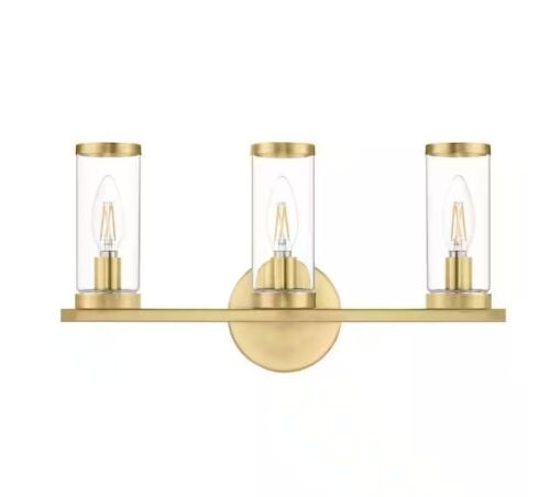 Hampton Bay Loveland 16.625 in. 3-Light Brass Bathroom Vanity Light Fixture with Clear Glass Shades - Lot 347